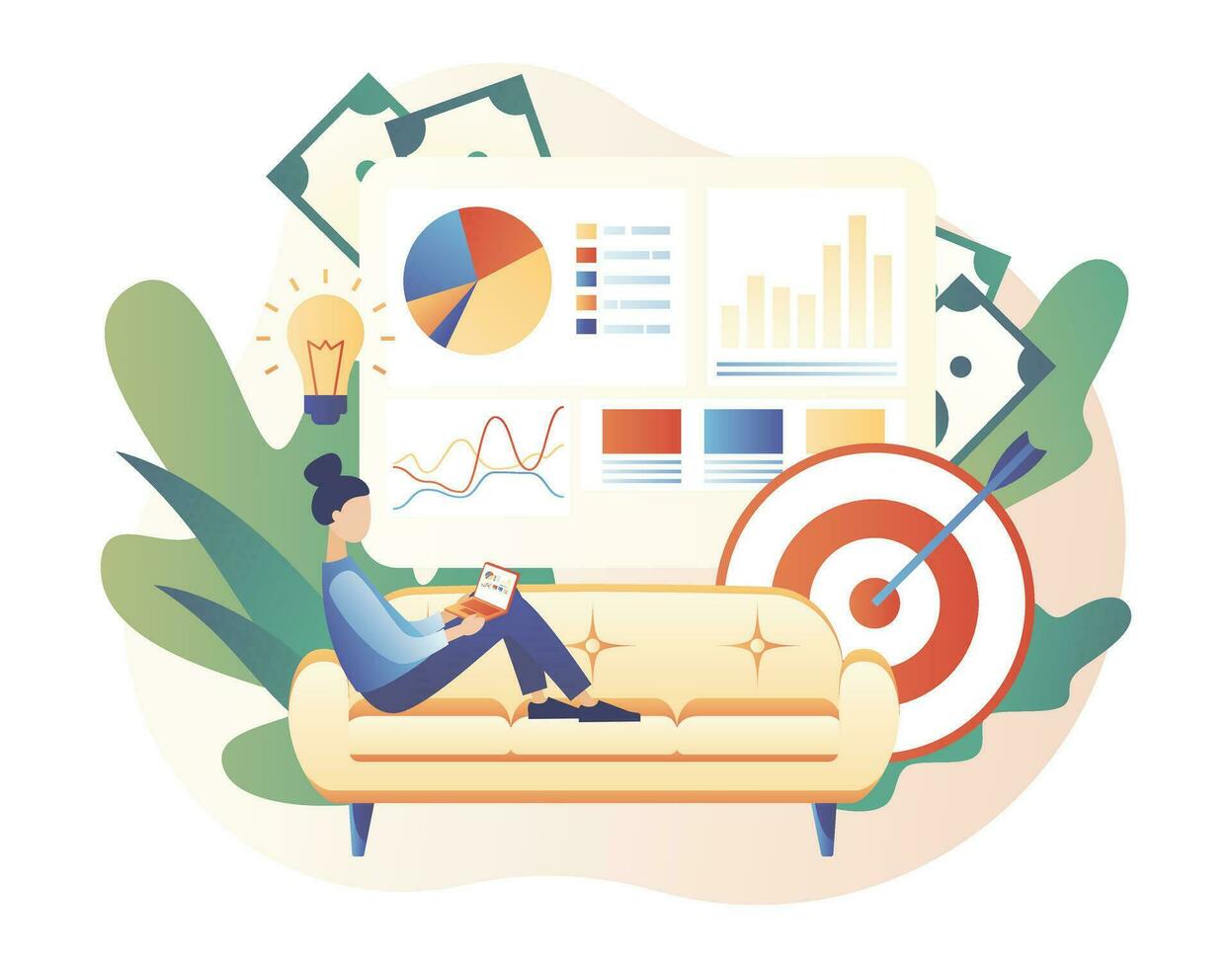 Online business concept. Woman sitting on the sofa works with laptop. Freelance girl. Global cooperation on the Internet. Modern flat cartoon style. Vector illustration on white background