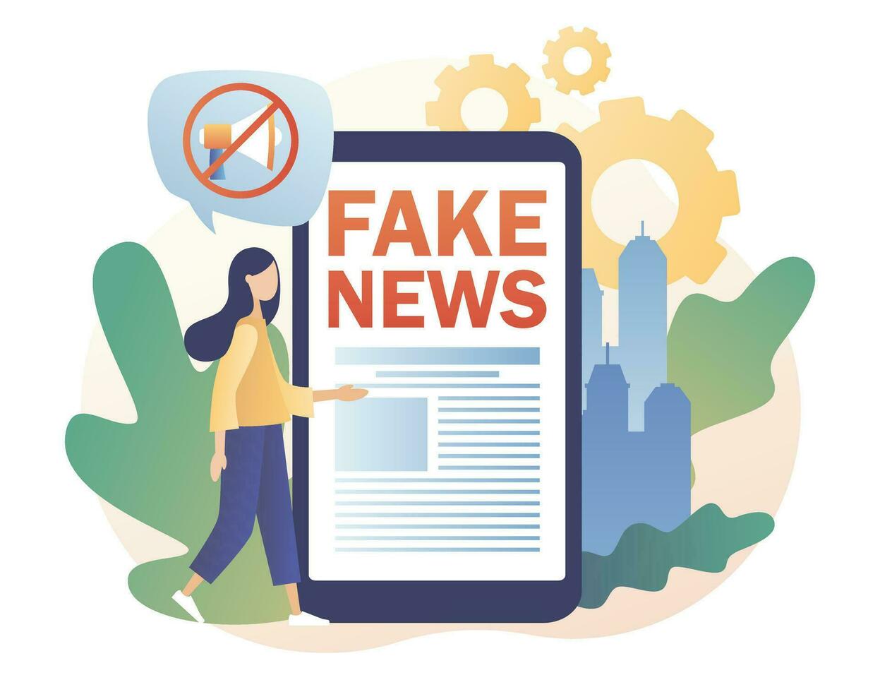 Fake news metaphors. Tiny girl read news with mobile app. Mass media, hot online information, propaganda newscast. Modern flat cartoon style. Vector illustration on white background