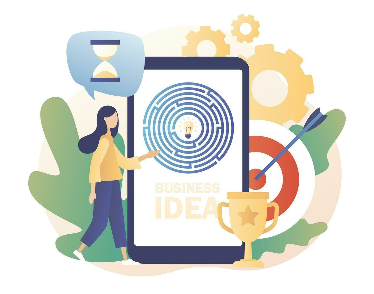 Business maze concept. Business metaphor. Tiny girl looking for a way to idea through the labyrinth with mobile app. Modern flat cartoon style. Vector illustration on white background