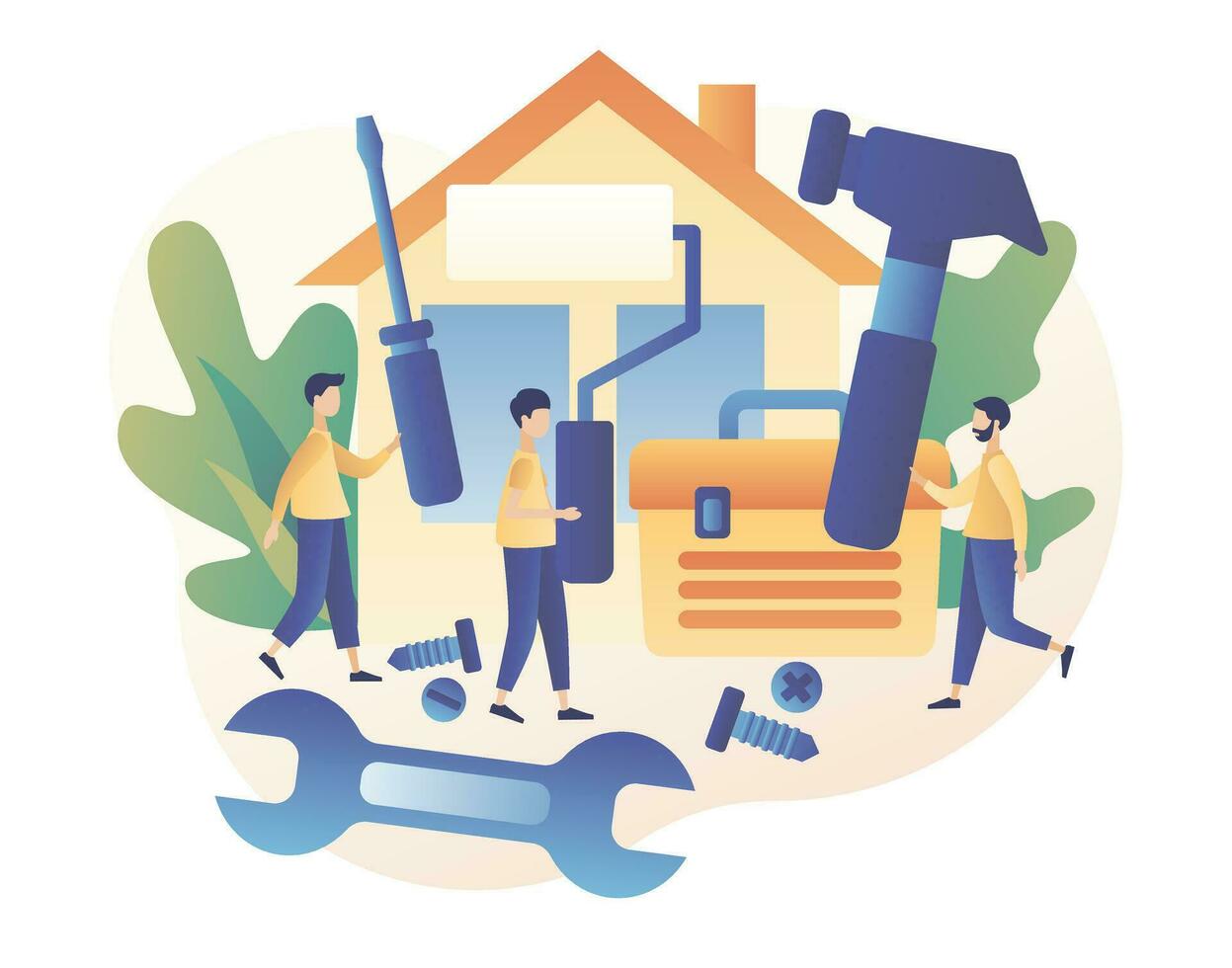 Handyman services. Husband for an hour. Repairman online. Tiny men holding huge Tools. Modern flat cartoon style. Vector illustration on white background