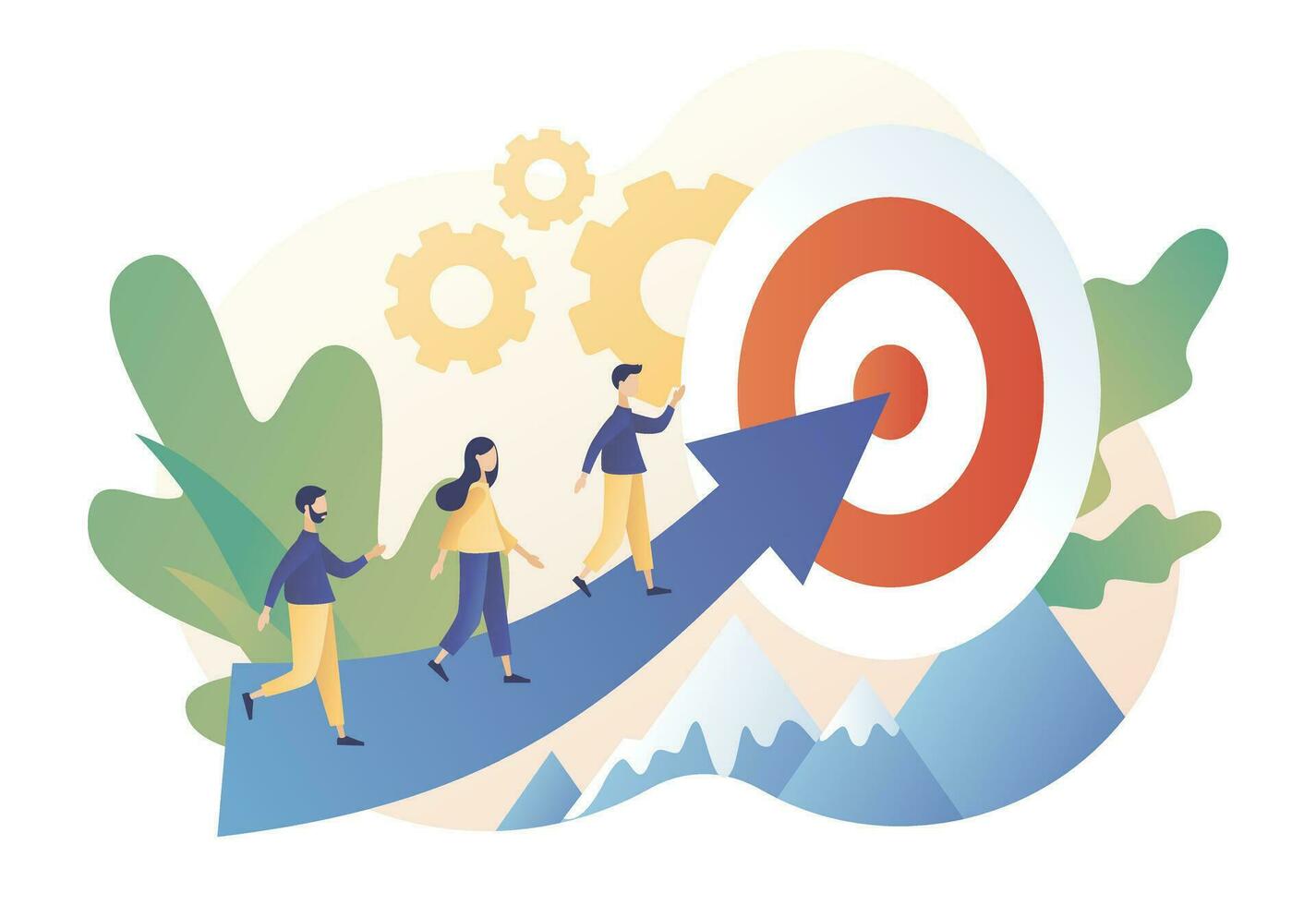 Efforts to achieve target. Tiny people businessmen running towards the goal. Perseverance, Challenge, Career and personal growth. Modern flat cartoon style. Vector illustration on white background