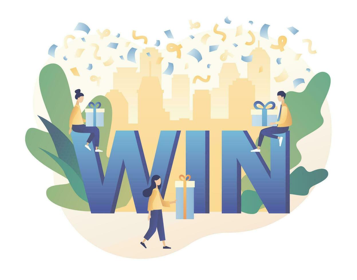 WIN text on falling down confetti background. Congrats winner. You Win Concept. Tiny people with gifts. Modern flat cartoon style. Vector illustration on white background