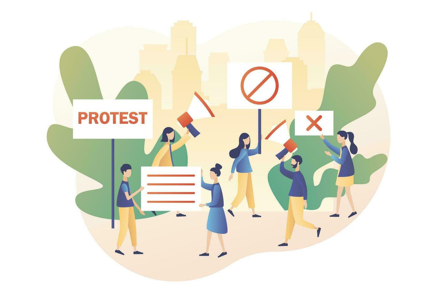 Protest and social activity concept. Tiny people protesters, holding banners, placards and megaphones. Parade, political meeting or rally. Modern flat cartoon style. Vector illustration