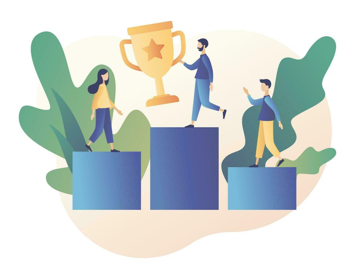 Success concept. Tiny People with Prize, Cup. Business Team Success, Achievement Concept. Modern flat cartoon style. Vector illustration on white background