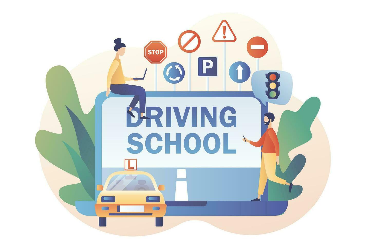 Driving school. Driver license. Tiny people studying in drive lesson and passing exams online use laptop. Traffic rules. Road signs. Modern flat cartoon style. Vector illustration on white background