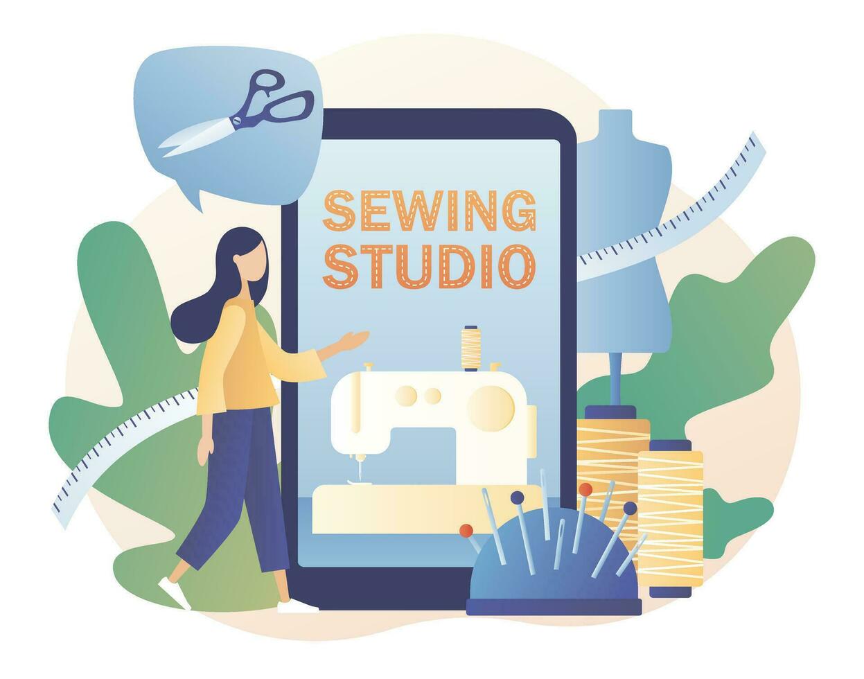 Tiny woman tailors with big smartphone in workshop or atelier. Sewing studio app concept. Sewing machine, mannequin, tools and materials. Modern flat cartoon style. Vector illustration