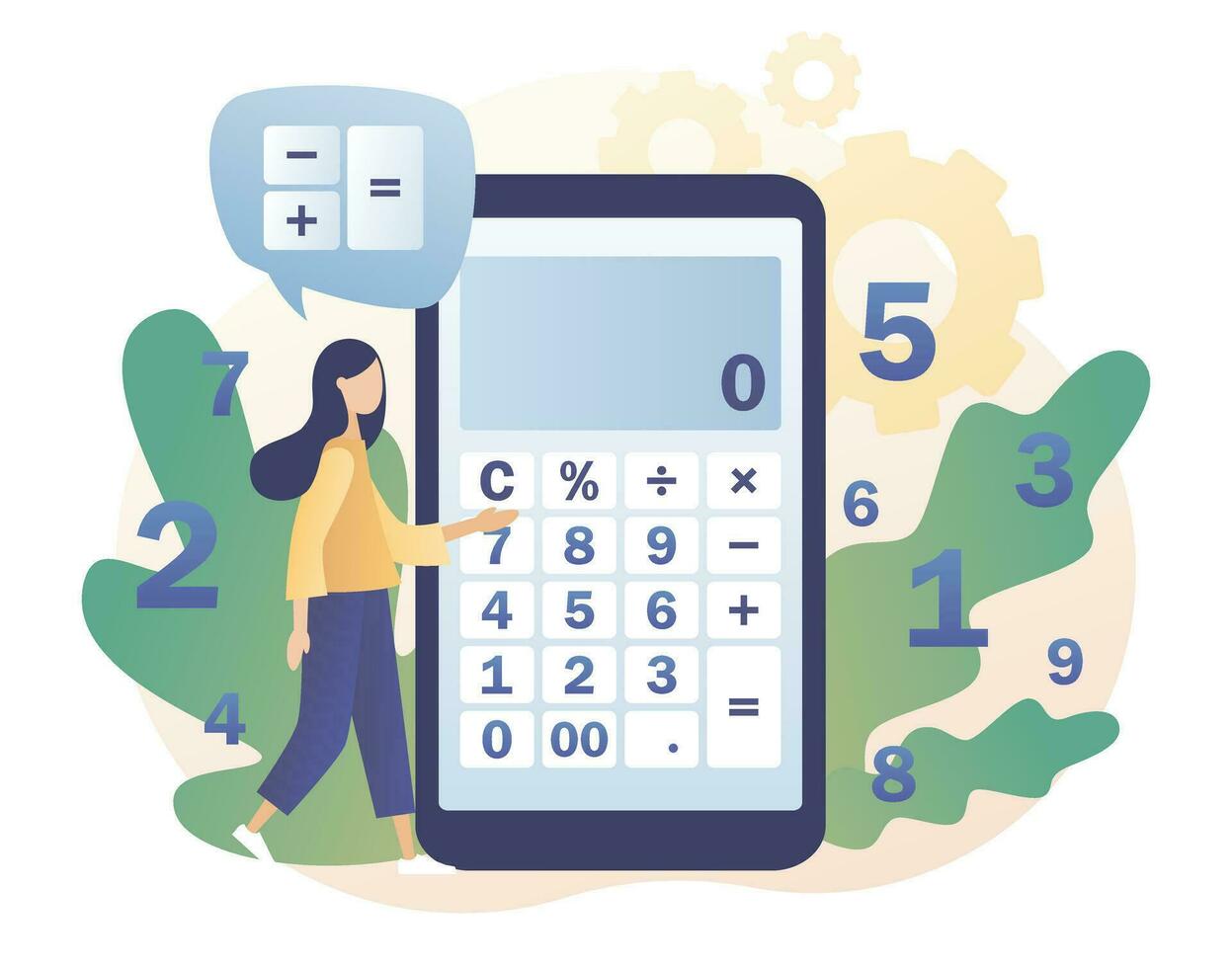 Calculator app. Tiny girl with calculating. Accounting, financial analytics, budget calculation, bookkeeping, audit debit and credit calculations. Modern flat cartoon style. Vector illustration