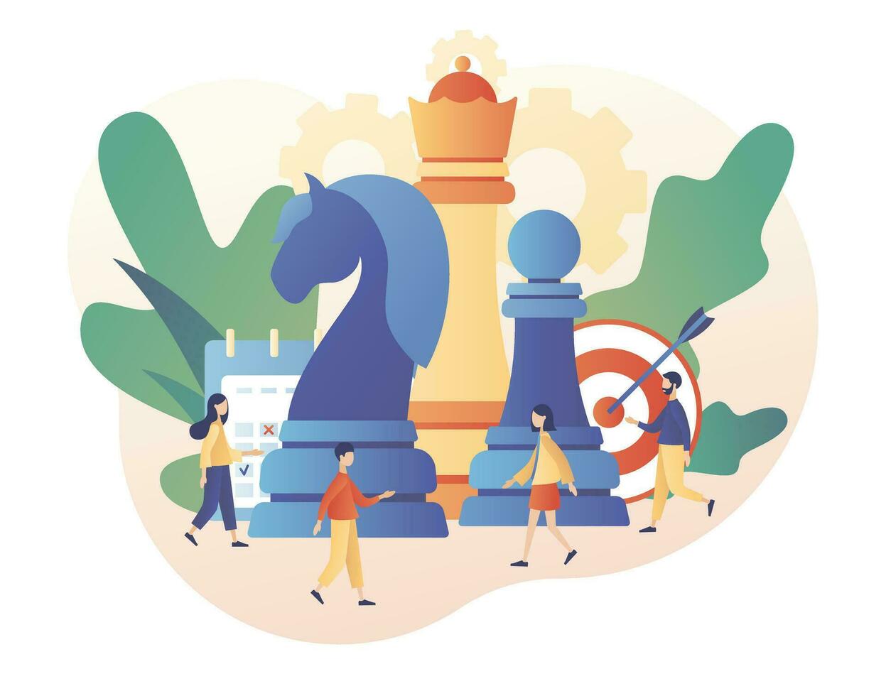 Business strategy. Chess game. Big chess pieces and tiny people work to data analysis, strategy planning and successful business. Modern flat cartoon style. Vector illustration on white background