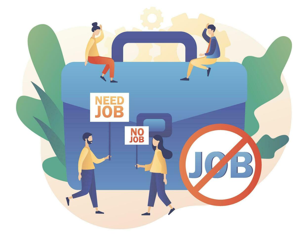 Unemployment social problem concept. Need job. Economic crisis, company and business closed, workplace shortening. Tiny people unemployed looking for job.Modern flat cartoon style. Vector illustration