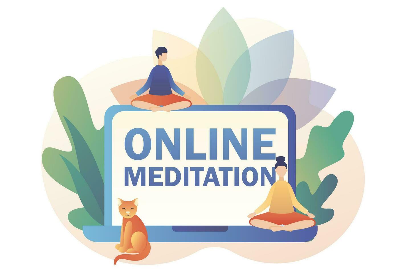 Online meditation concept. Yoga online, relax, recreation, healthy lifestyle. Tiny people sitting in lotus pose. Modern flat cartoon style. Vector illustration on white background