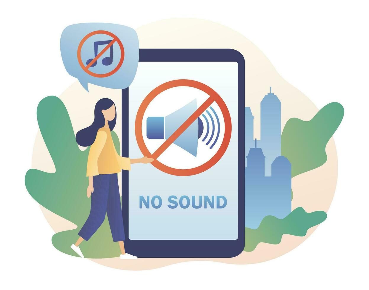 Volume off or mute mode sign for smartphone. No sound - text on smartphone screen. Quiet zone concept. Stop noise sign and tiny people. Modern flat cartoon style. Vector illustration