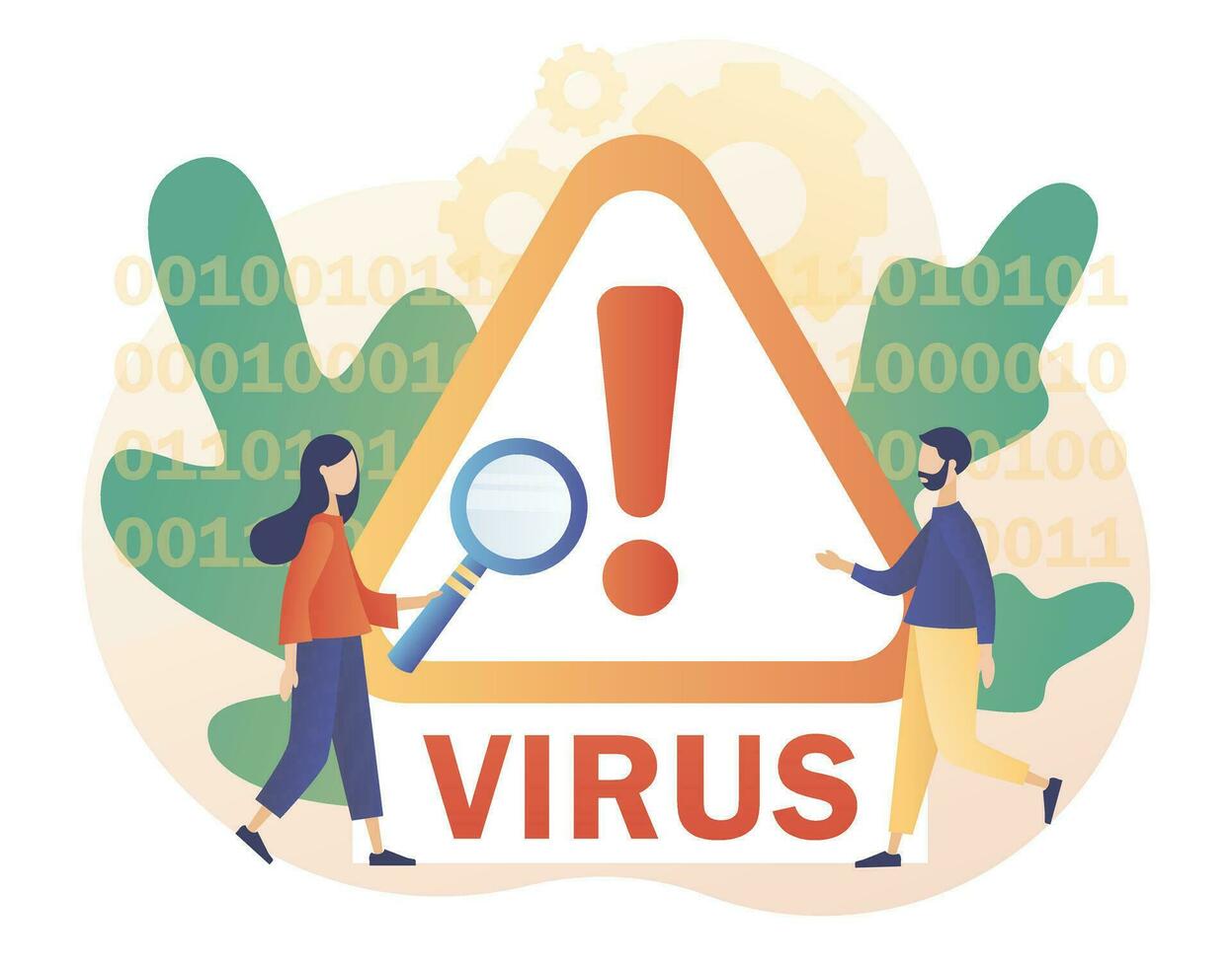 computadora virus concepto. hacker ataque y web seguridad. correo basura, malicioso solicitud. minúsculo personas y estafa alerta. moderno plano dibujos animados estilo. vector ilustración en blanco antecedentes