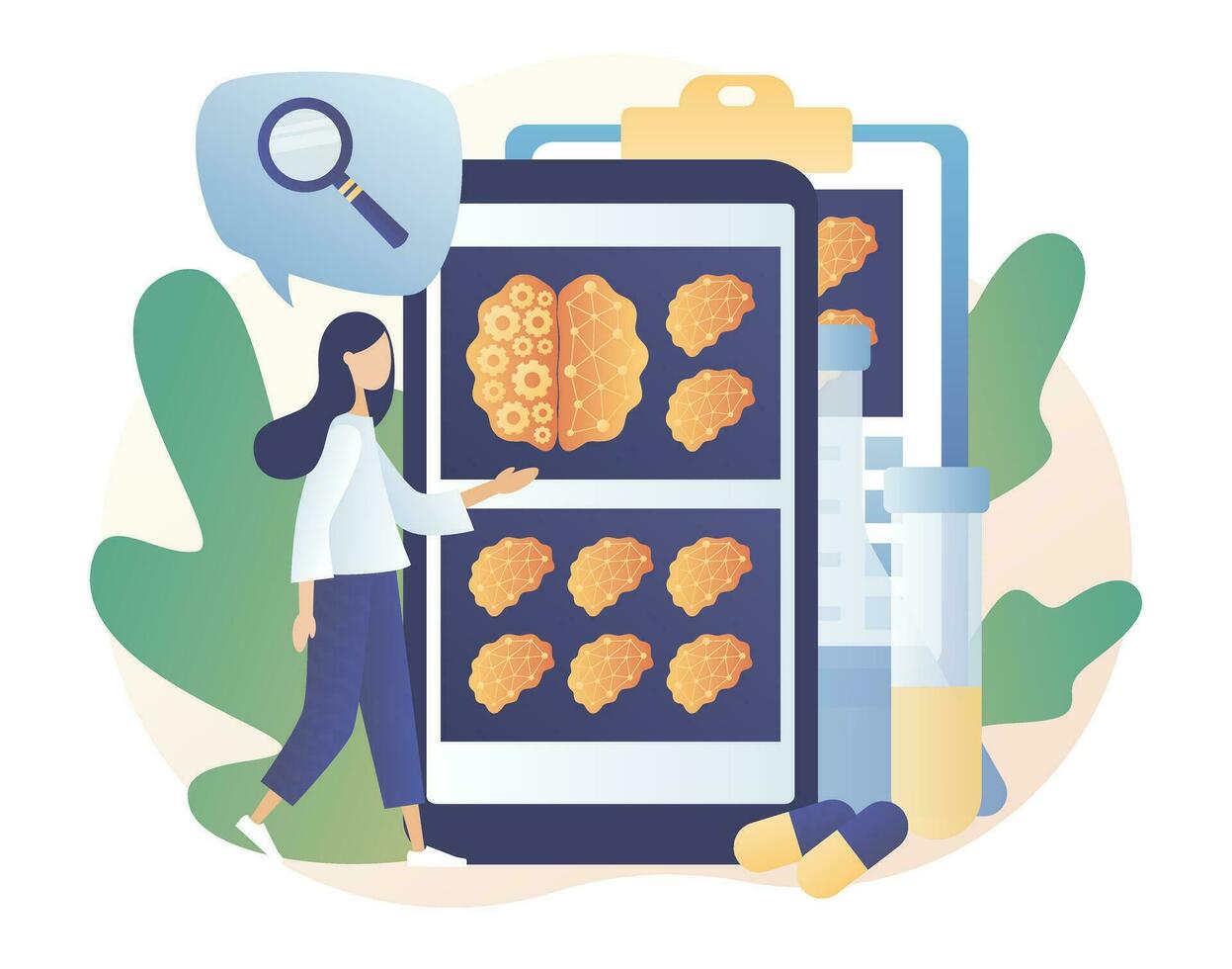 Neurology science and brain research concept. Human brain and psychology. Tiny woman studies Head Tomography on smartphone screen. Modern flat cartoon style. Vector illustration on white background