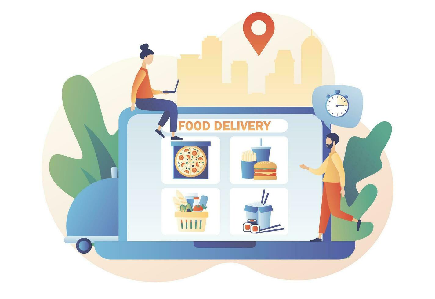 Food delivery service. Pizza, burger, french fries, sushi, rice, food basket. Tiny people order food online in website on laptop screen. Modern flat cartoon style. Vector illustration