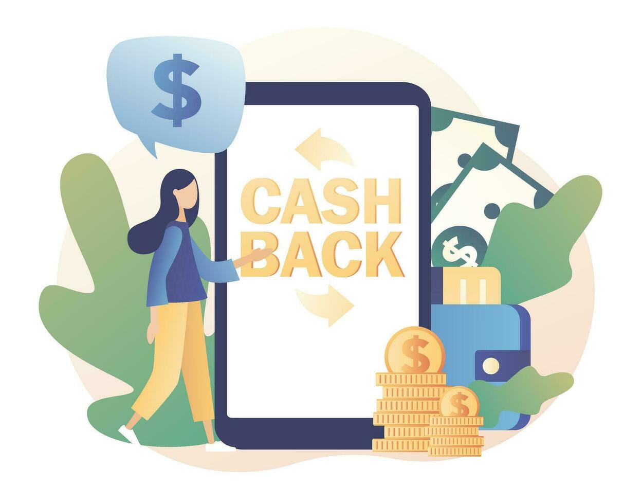 Tiny girl refund money in app. Cash back concept. Reward program, transfer money, online banking, online shopping, money growth. Modern flat cartoon style. Vector illustration on white background