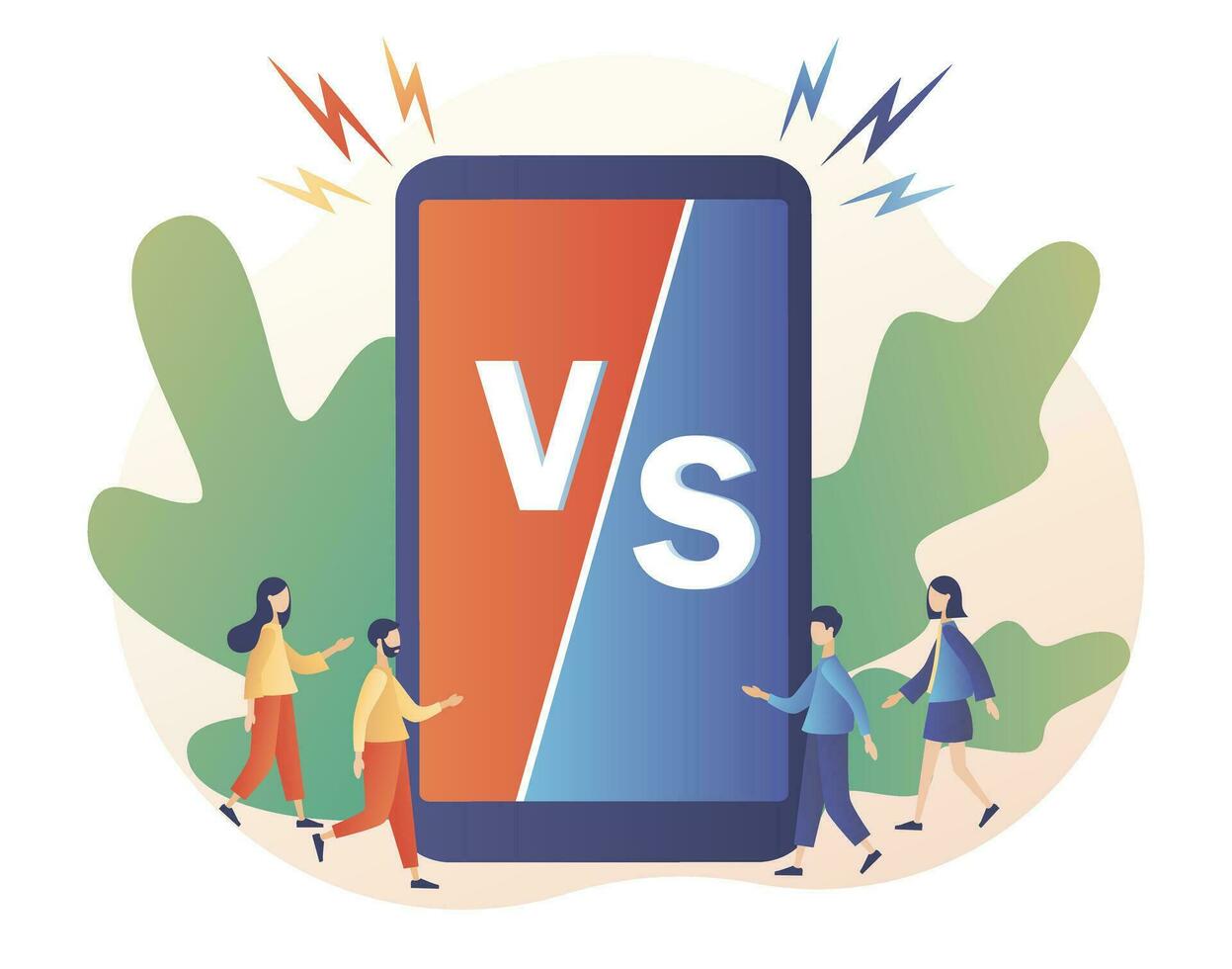 Versus letters. VS battle sign in smartphone screen. Competition between two persons or products. Modern flat cartoon style. Vector illustration on white background