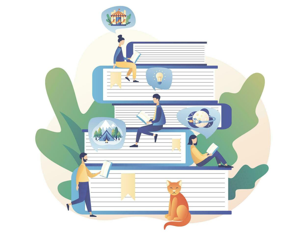 Book library. Tiny people reading books. Literature fans, E-book, media library, learning online, reading app. Modern flat cartoon style. Vector illustration on white background
