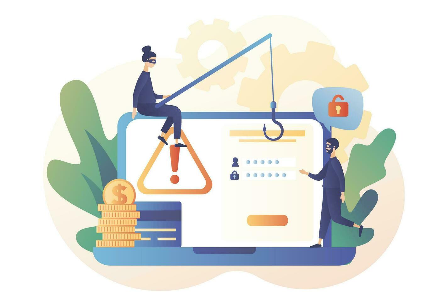 Tiny anonymous hacker people attacking laptop. Internet hacker attack and personal data security concept. Data protection. Computer security technology. Modern flat cartoon style. Vector illustration