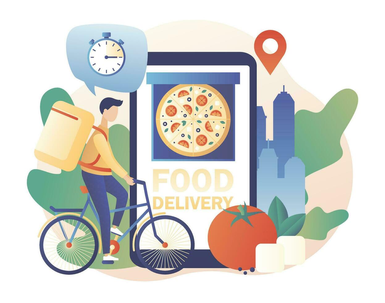 Food order online service. Pizza in app on smartphone screen. Tiny man courier that delivery food. Modern flat cartoon style. Vector illustration on white background