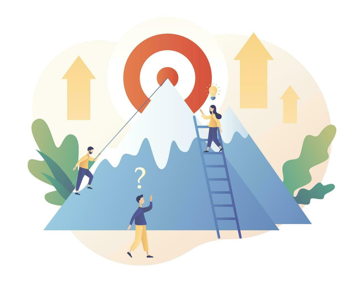 Efforts to achieve target. Perseverance, Challenge, Career and personal growth. Tiny people businessmen climbing mountain the goal. Modern flat cartoon style. Vector illustration on white background