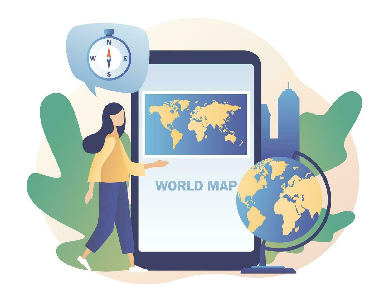 minúsculo niña estudios atlas tierra en aplicación en teléfono inteligente pantalla. mundo mapa. geografía concepto. globalización moderno plano dibujos animados estilo. vector ilustración en blanco antecedentes