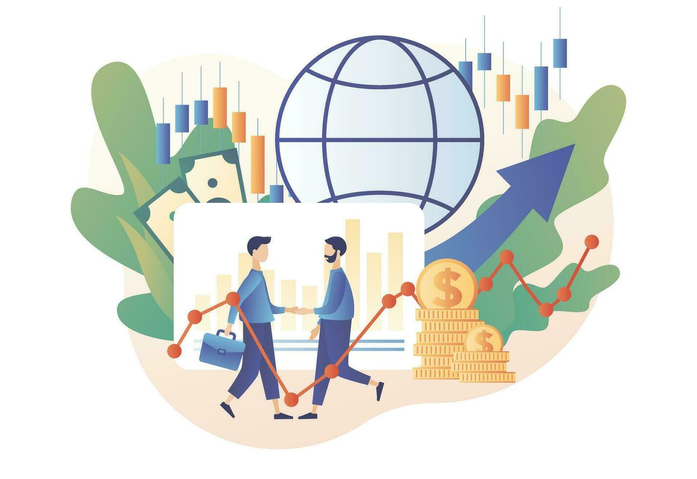 Trading online.Business, finance and trade. Tiny people enter into agreement buy and sell cryptocurrency, stocks and bonds for forex. Modern flat cartoon style. Vector illustration on white background