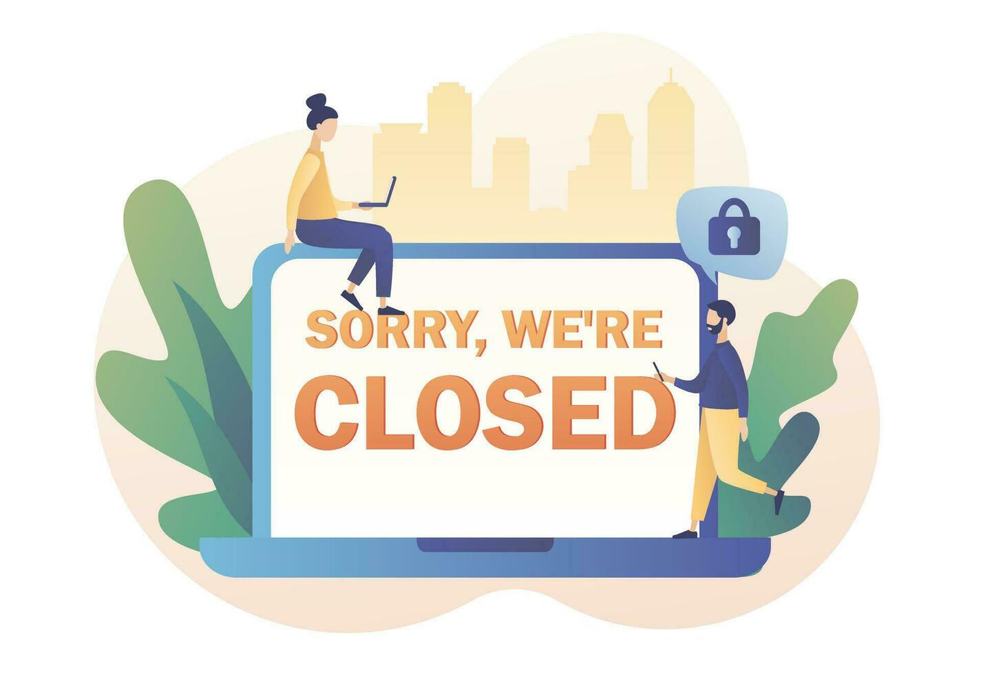 Sorry we are closed - big sign on laptop screen. Closed establishments, cafe, shop, store, salon through bankrupt, crisis, quarantine, pandemic. Modern flat cartoon style. Vector illustration