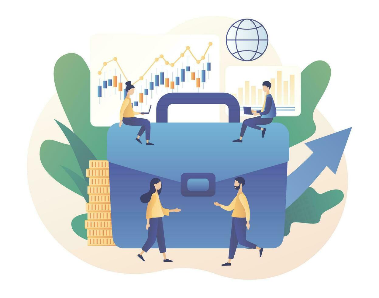 Tiny people buy, sell and make up the portfolio cryptocurrency, stocks and bonds for forex. Trading online. Business, finance and trade. Modern flat cartoon style. Vector illustration