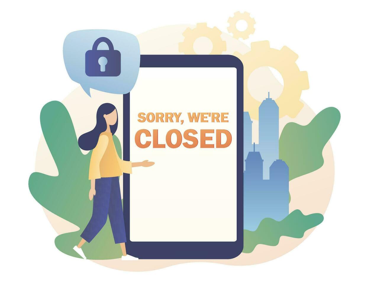 Sorry we are closed - big sign on smartphone screen. Closed establishments, cafe, shop, store, salon through bankrupt, crisis, quarantine, pandemic. Modern flat cartoon style. Vector illustration