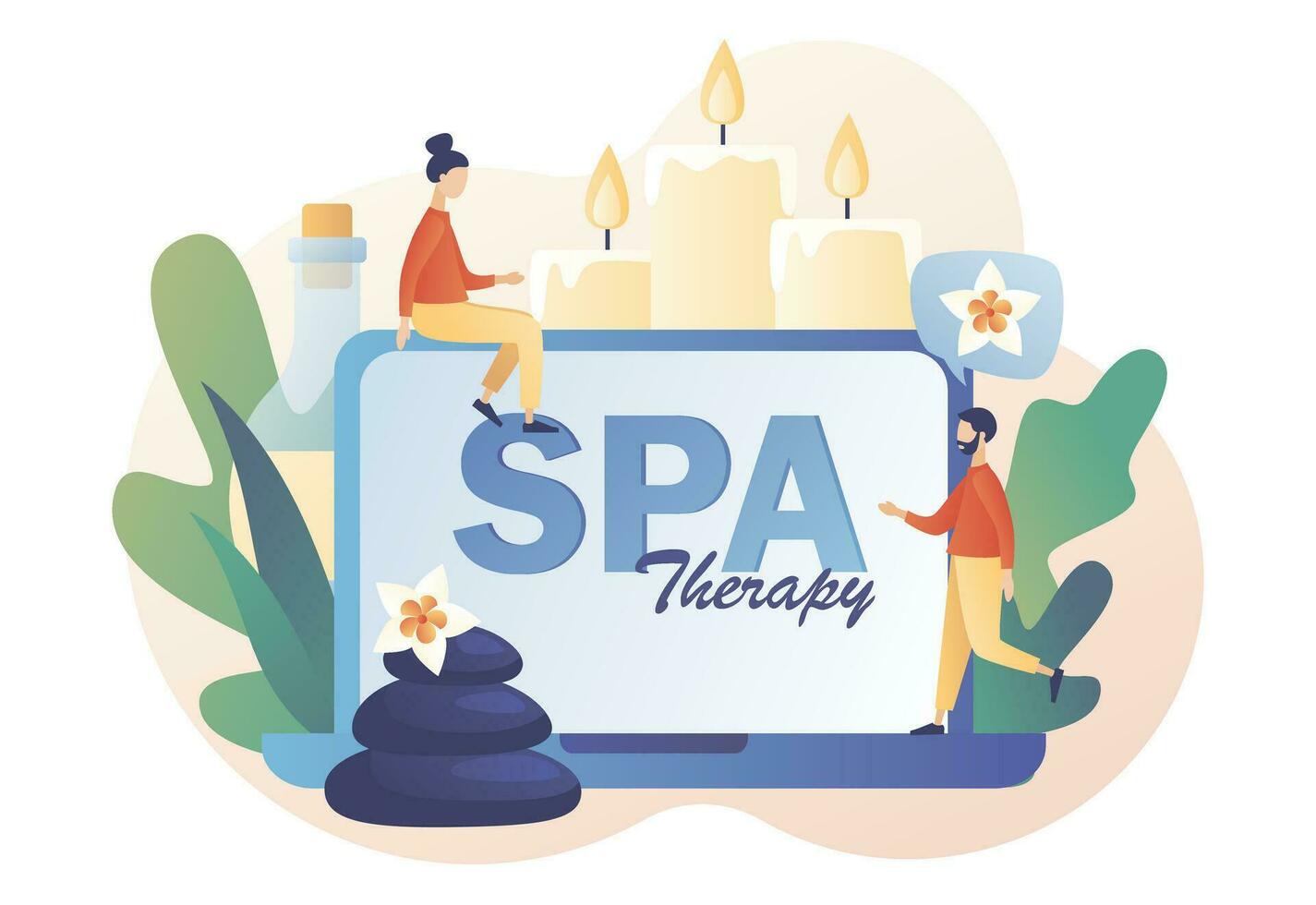 spa terapia web sitio. minúsculo personas con grande ordenador portátil y accesorios para relajante atmósfera, velas, aroma aceites, caliente piedras belleza procedimiento. moderno plano dibujos animados estilo. vector ilustración