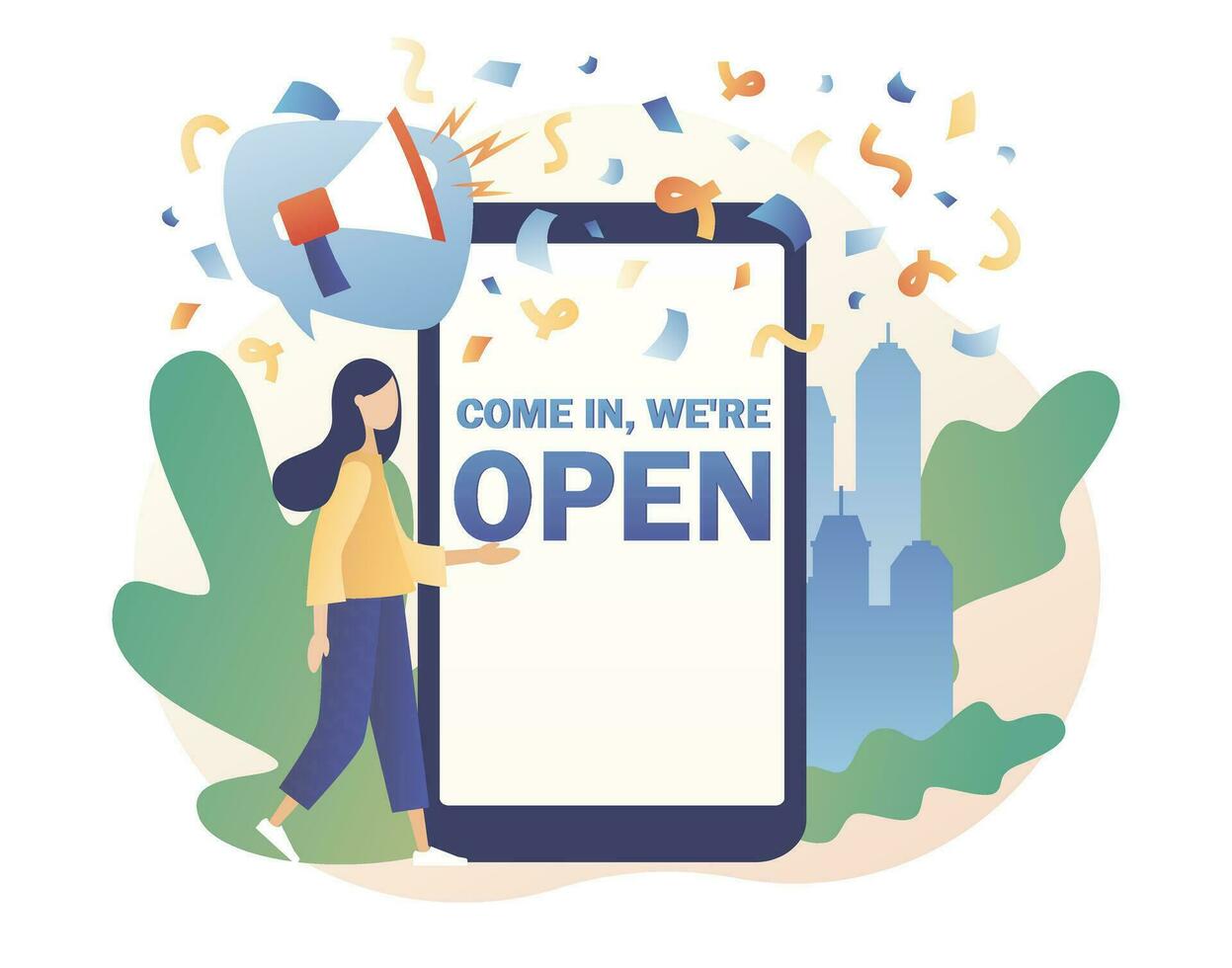 Come in we are Open - big text on smartphone screen. We are working again after quarantine. Reopening establishments, cafe, shop, store, salon. Modern flat cartoon style. Vector illustration