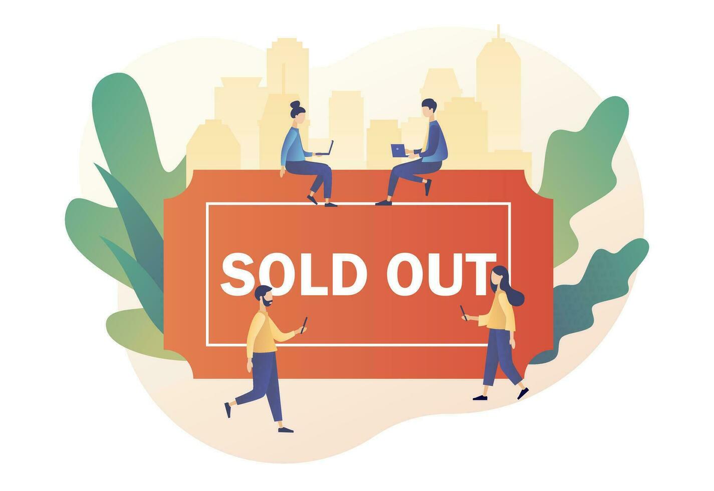 Tiny people use online booking system. Sold out event, sold-out crowd, no tickets available concept. Modern flat cartoon style. Vector illustration on white background