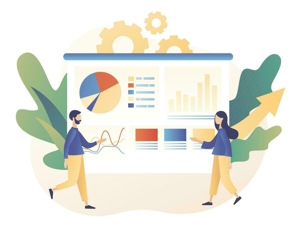 Data analytics consept. Business analysis. Tiny people are studying the infographic. Teamwork. Modern flat cartoon style. Vector illustration on white background