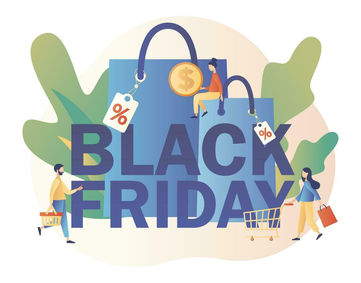 Black Friday Big Sale concept. Tiny people and big shopping bags. Modern flat cartoon style. Vector illustration