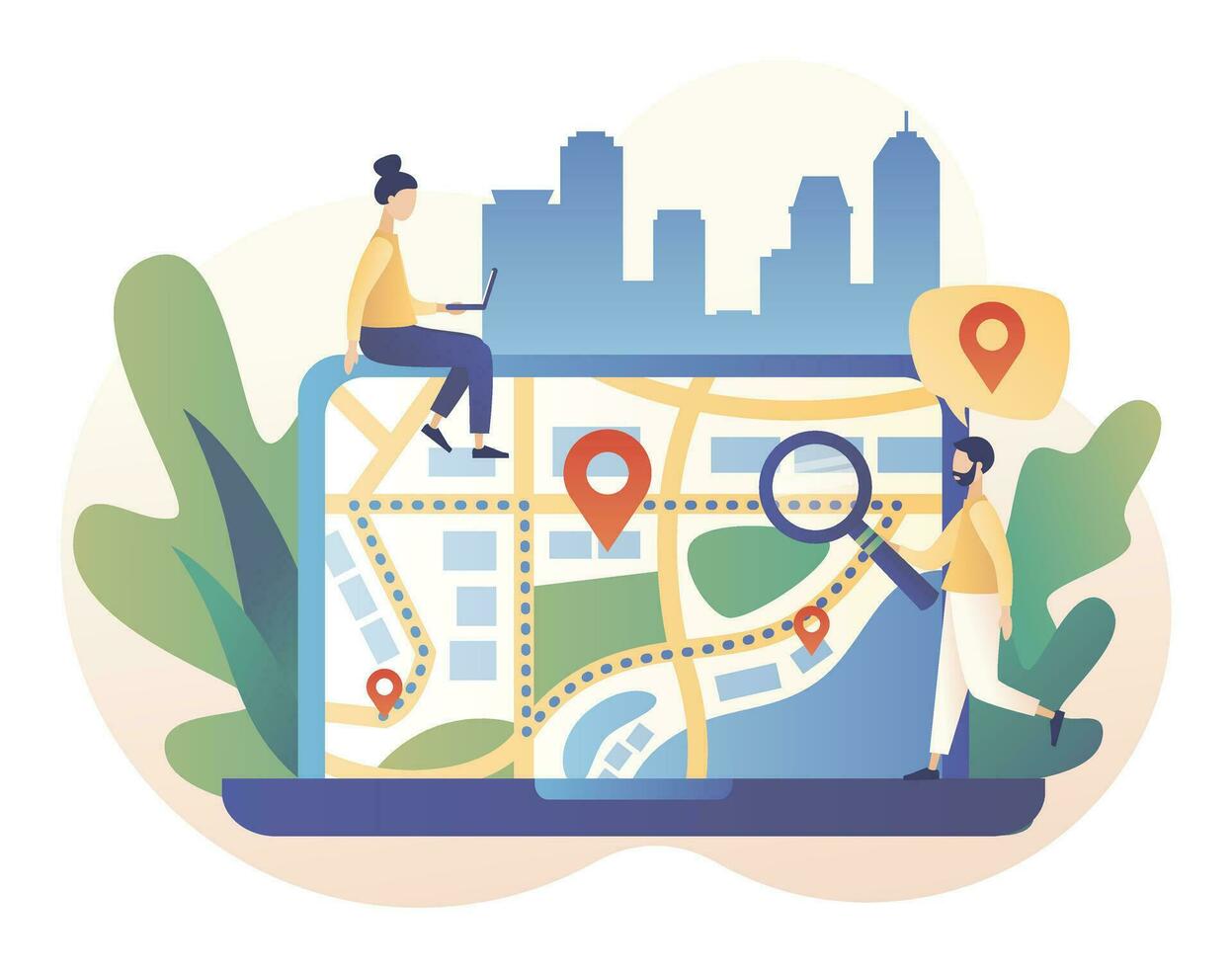 GPS navigation concept. Tiny people search on location. Online map. We have moved. Modern flat cartoon style. Vector illustration