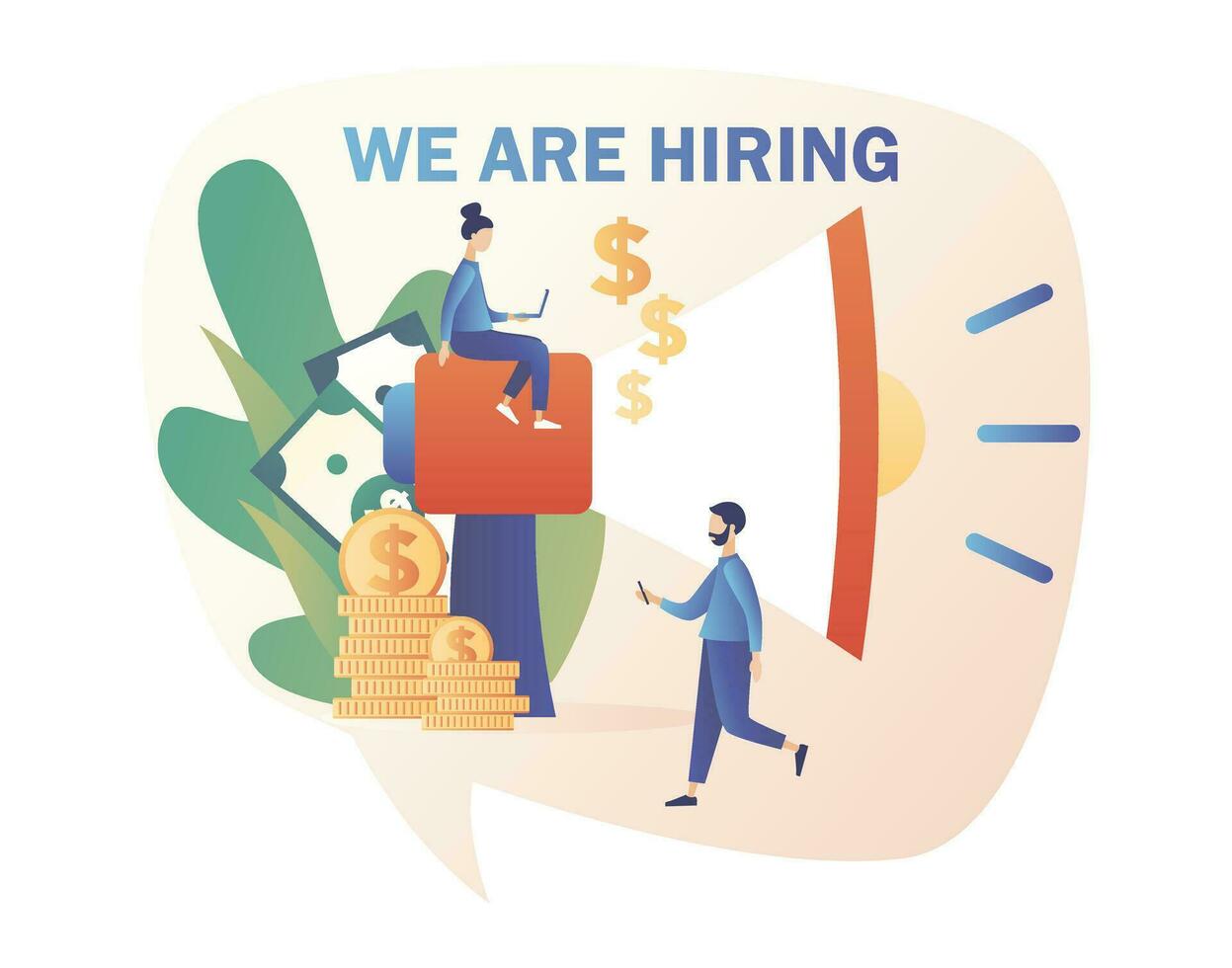 We are Hiring. Recruitment and headhunting agency. Jobs concept. Tiny people shouting on megaphone with We are hiring. Modern flat cartoon style. Vector illustration on white background