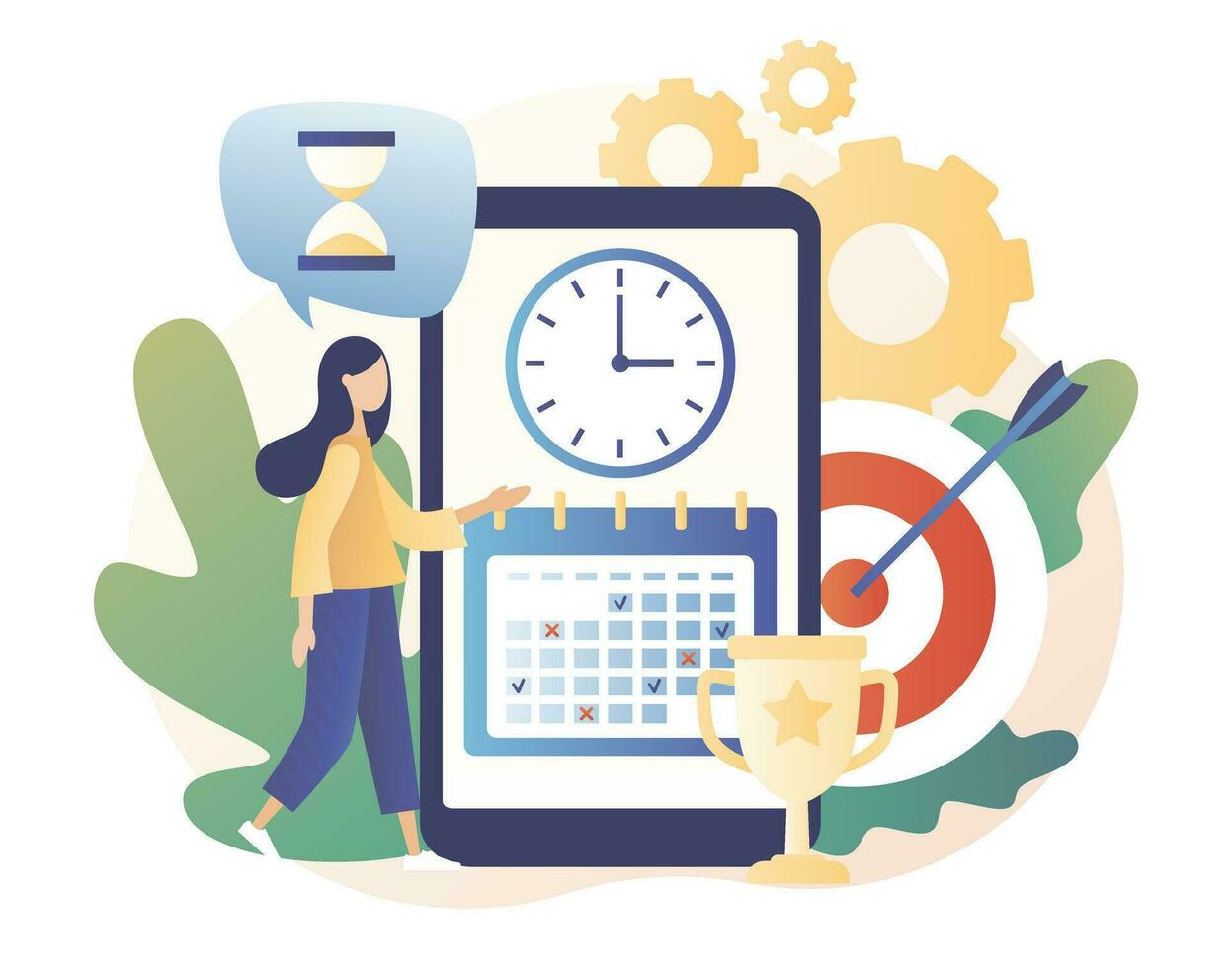 Self Discipline app and Motivation concept. Time management, self management, self control, target, productivity metaphors. Modern flat cartoon style. Vector illustration on white background