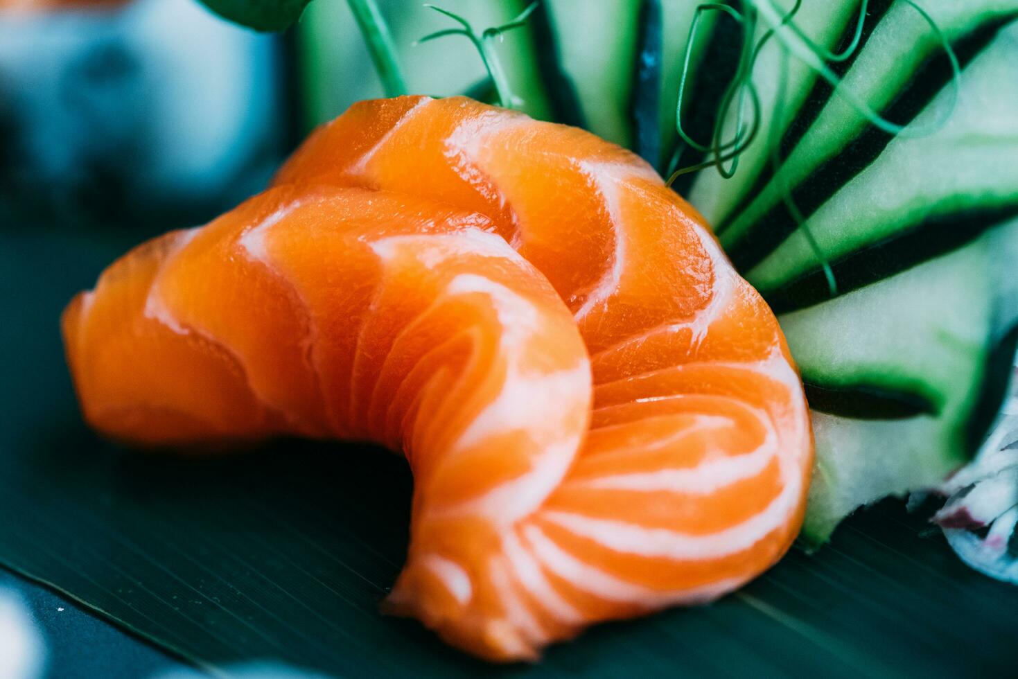 Close up selective focus of salmon sashimi photo