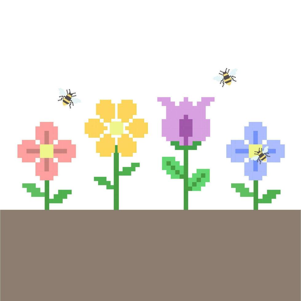 Garden flower with honey bee pixel art 8bit vector