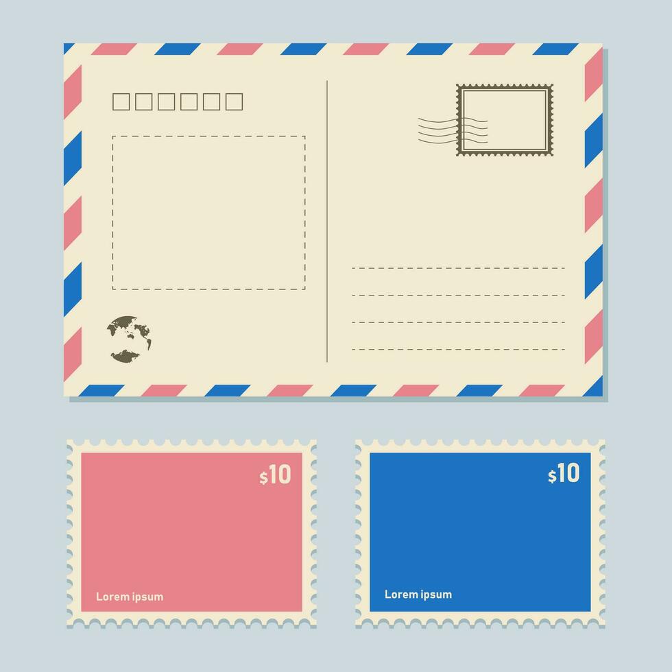 Letter postcard vector template, Vintage paper postal card. Greetings from postcard with stamps