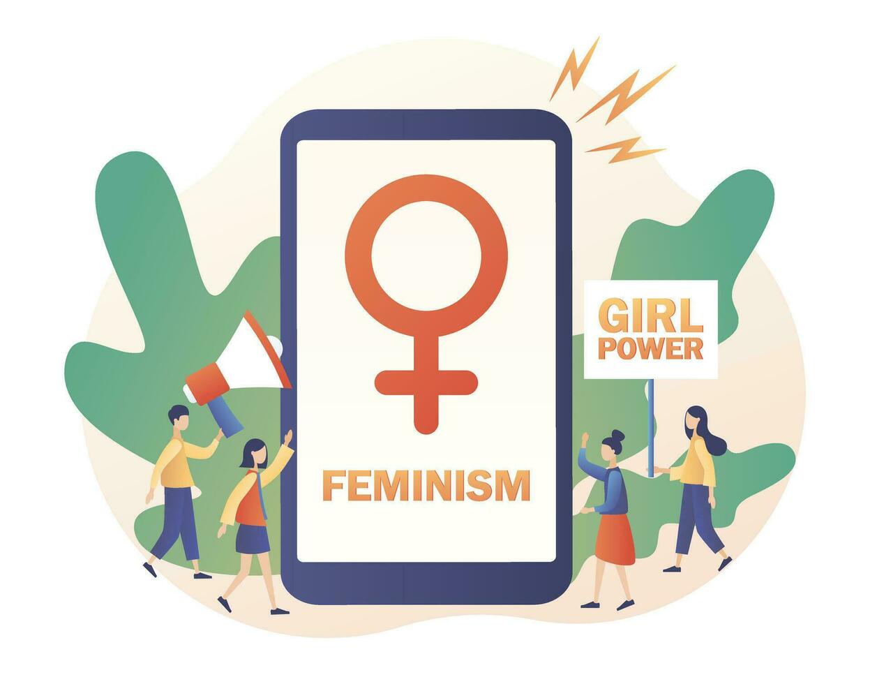 Girl power and feminism concept. Female gender symbol. Tiny women with big smartphone, banner, posters and megaphon. Modern flat cartoon style. Vector illustration on white background