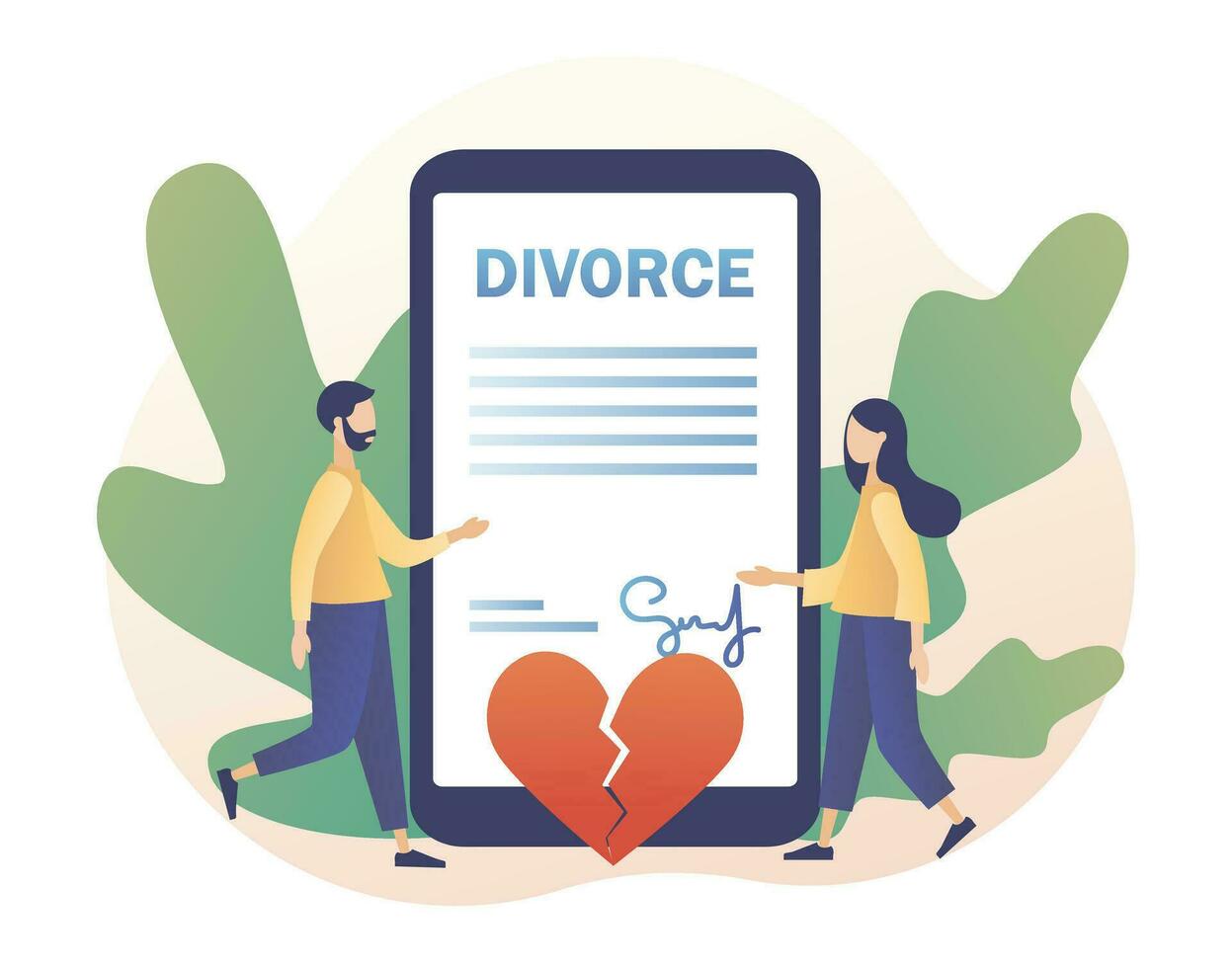 divorcio concepto. roto corazón. minúsculo personas relación ruptura. marido y esposa firmar acuerdo divorcio documento y propiedad división en teléfono inteligente aplicación moderno plano dibujos animados estilo. vector ilustración