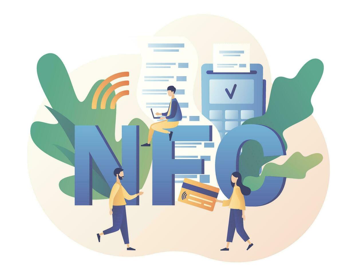 NFC payment. Tiny people use POS-terminal and payment systems. Financial transactions, terminal and credit card. Online banking. Modern flat cartoon style. Vector illustration on white background