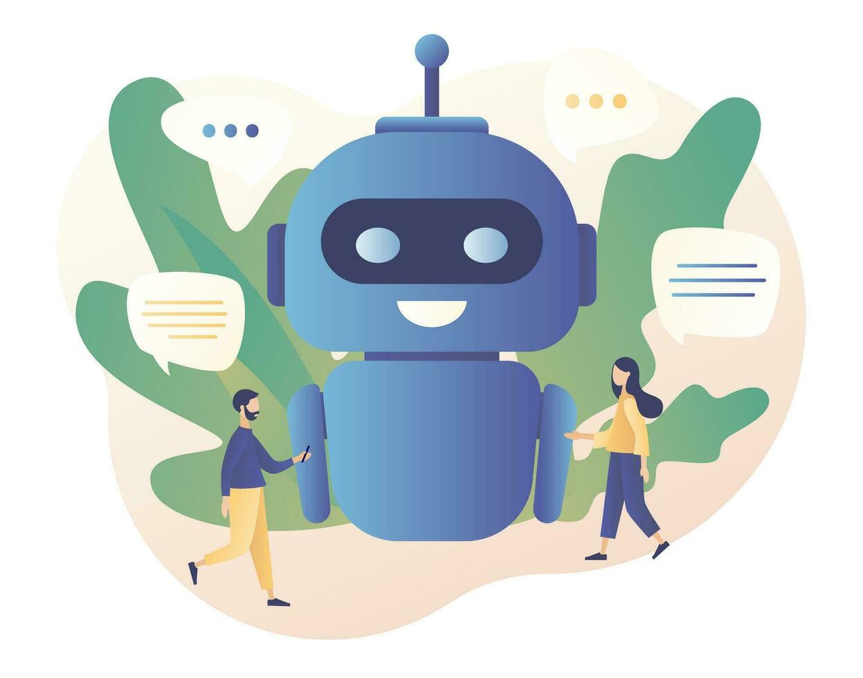 Chatbot. Tiny people chatting with chatbot application. AI robot assistant, online customer support. Modern flat cartoon style. Vector illustration on white background