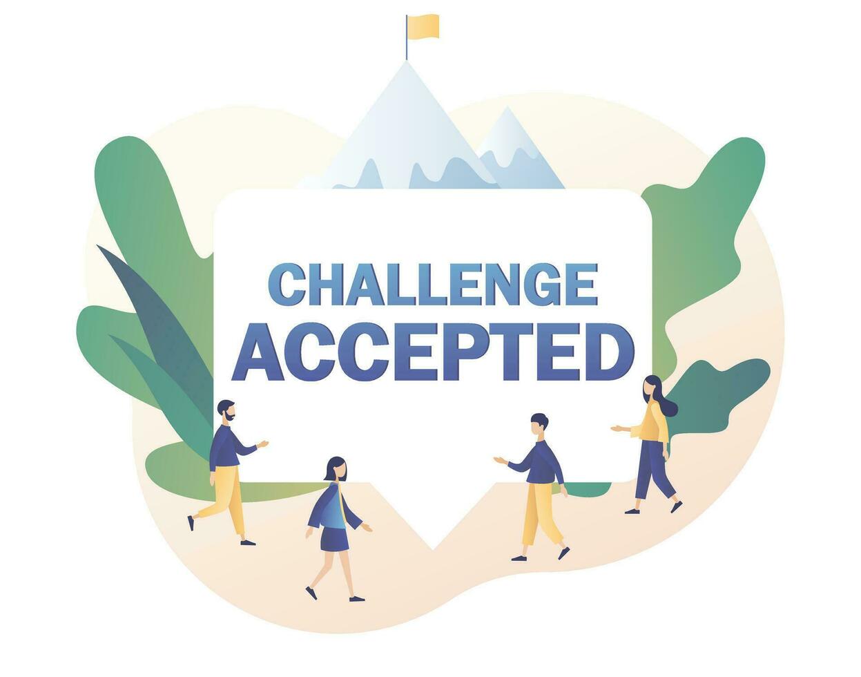 Challenge Accepted big text. Business challenge, goal achievement, success, winning. Tiny people for way to goal. Flag on the mountain peak. Modern flat cartoon style. Vector illustration