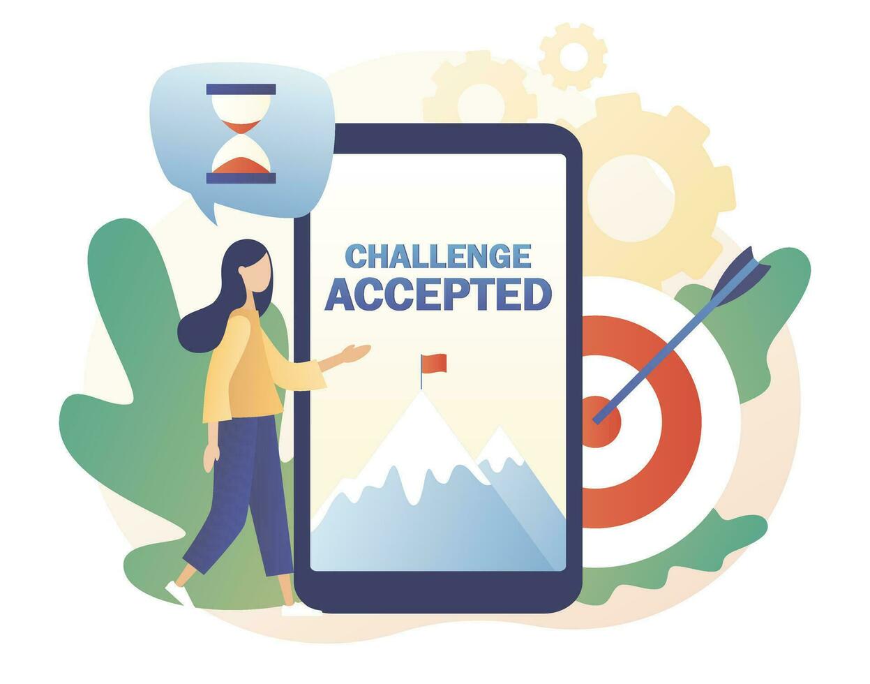 Challenge Accepted big text and flag on the mountain peak on screen smartphone. Tiny girl for way to goal. Business challenge, goal achievement, success, winning. Modern flat cartoon style. Vector