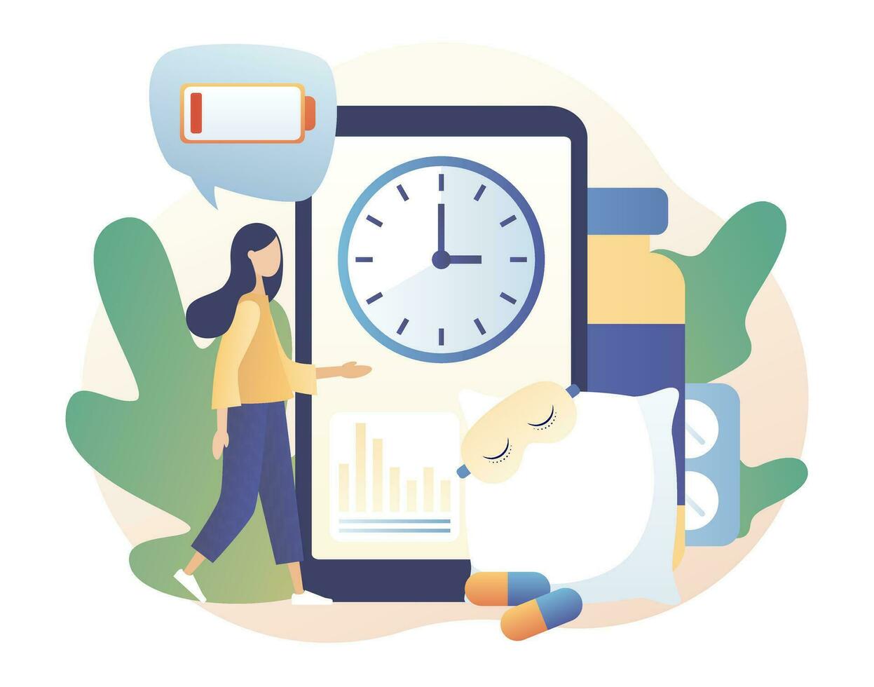 Sleep control in smartphone app. Tiny girl suffers from insomnia. Stress, depression and sleeping problems. Alarm clock, sleeping pills, mask. Modern flat cartoon style. Vector illustration