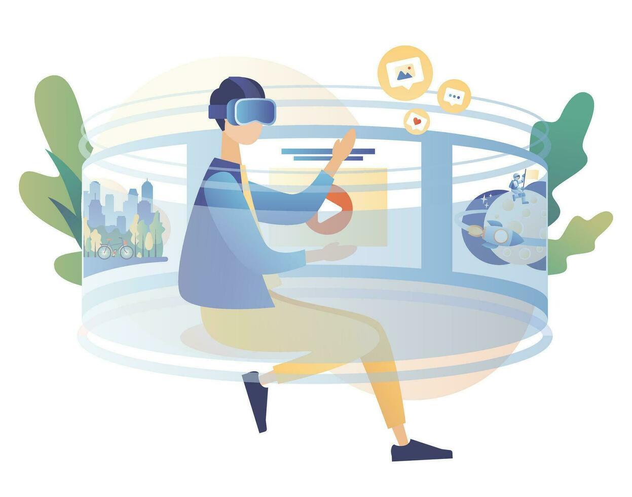 Virtual reality concept. Tiny guy using virtual reality glasses. VR cyberspace 360. Modern flat cartoon style. Vector illustration on white background