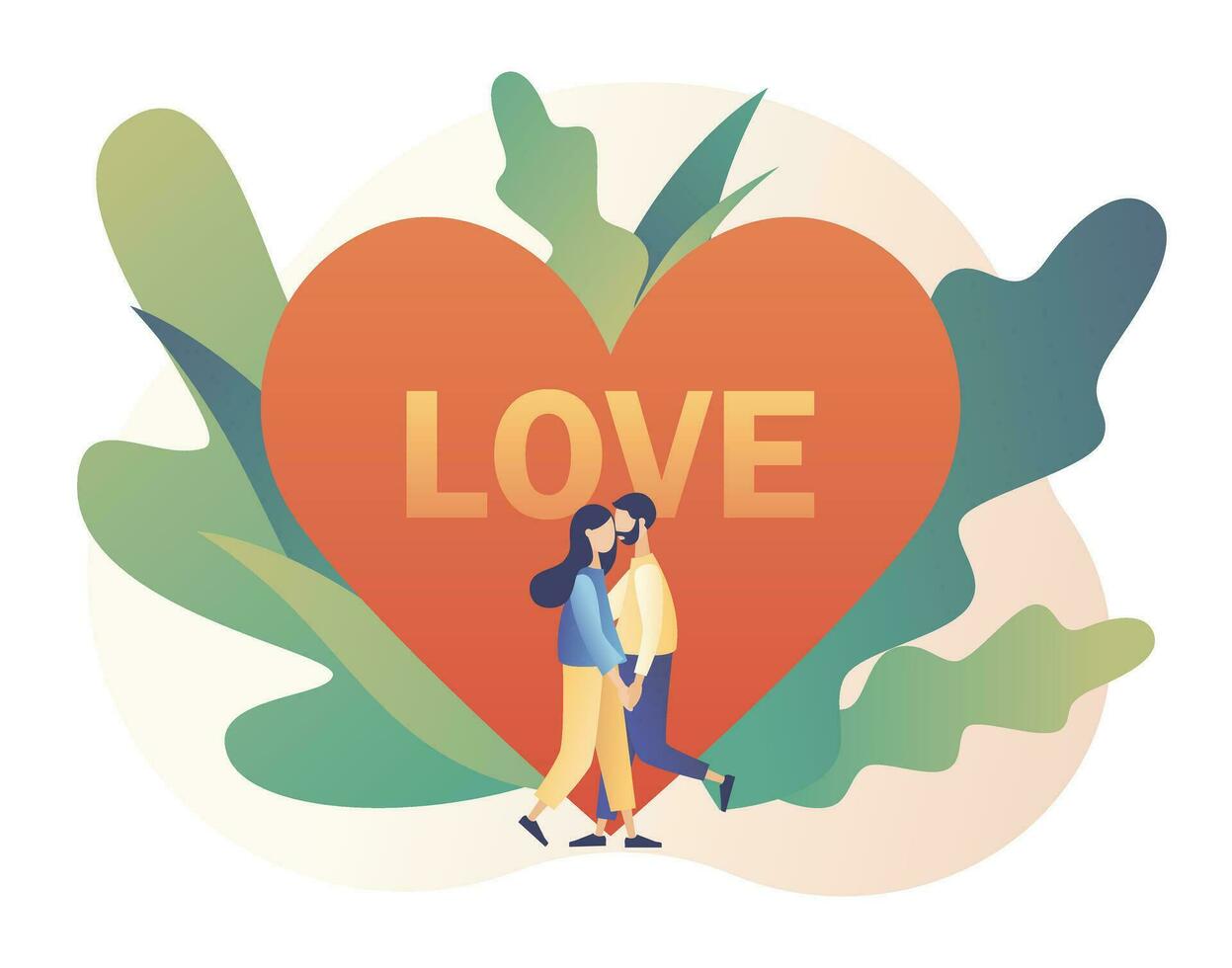 Loving couple hugging. Tiny people with big heart. Romantic date concept. Characters Valentine day. Modern flat cartoon style. Vector illustration on white background