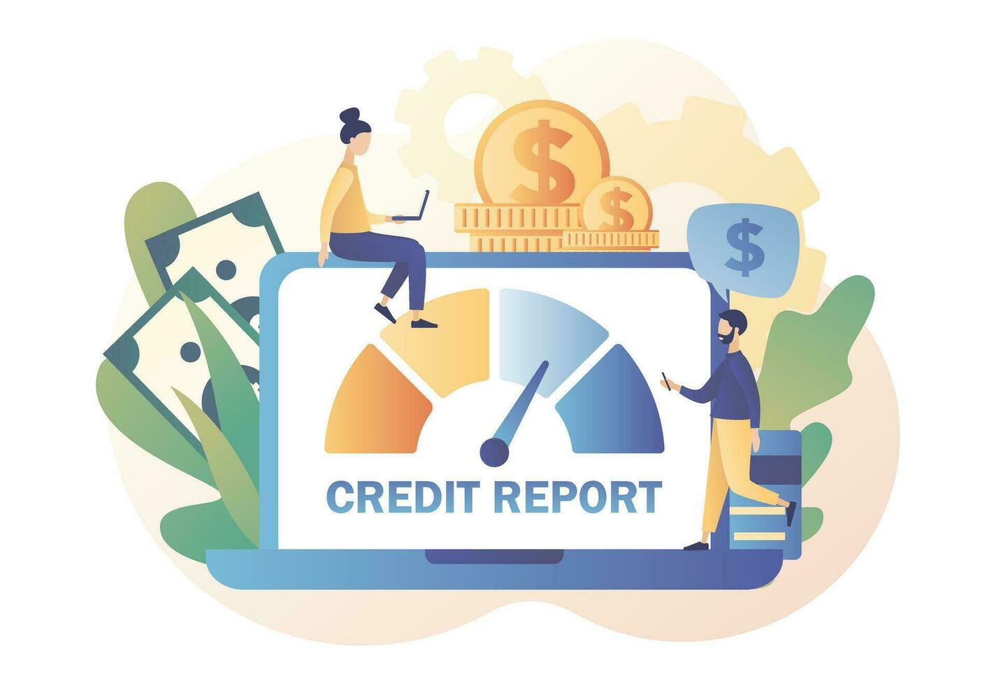 Credit report online. Credit rating. Tiny people analysts credit risk control.Personal credit score information and financial rating. Modern flat cartoon style. Vector illustration on white background